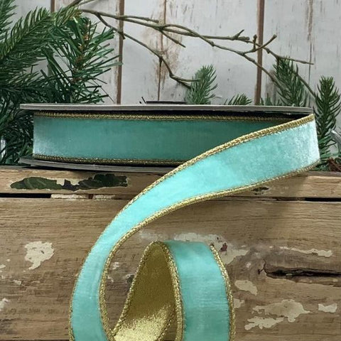 1" Ocean Water Wired Lush Velvet Ribbon with Gold Back | 10 Yards | shoptreeboutique.com