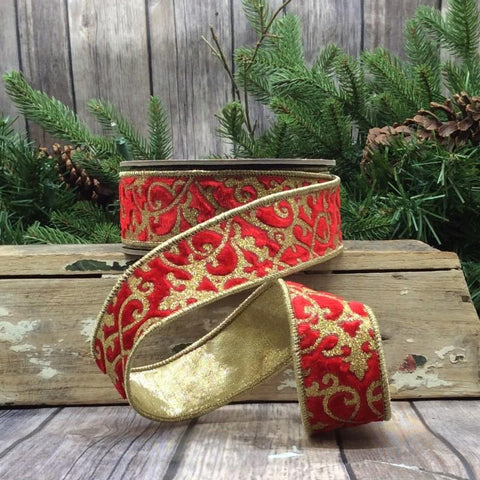 1.5" Red Wired Glitter Treillage Velvet Ribbon | 10 Yards | shoptreeboutique.com