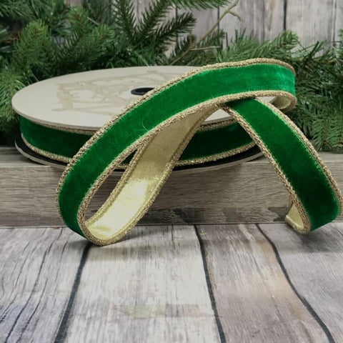 1" Emerald Green Wired Velvet Ribbon with Glitter Gold Trim | 10 Yards | shoptreeboutique.com