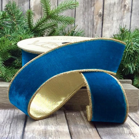 2.5" Teal Blue Wired Velvet Ribbon with Glitter Gold Trim | 10 Yards | shoptreeboutique.com
