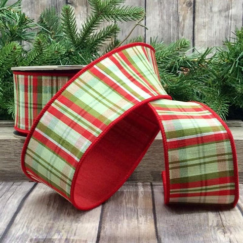 2.5" Red Apple Green Wired Dupioni Plaid Ribbon | 10 Yards | shoptreeboutique.com