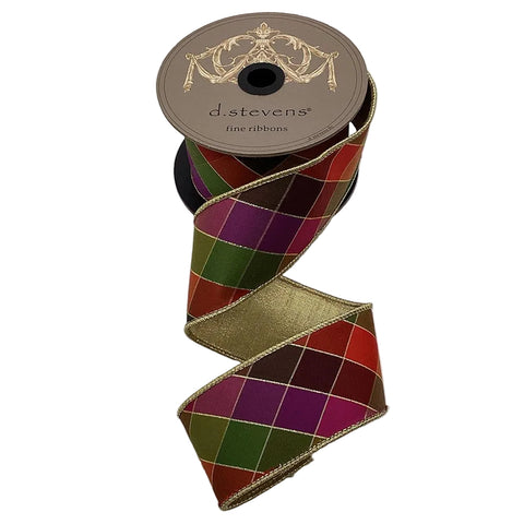 2.5" Wired Stained Glass Check Dupioni Ribbon | Fuchsia, Green & Purple | 10 Yards | shoptreeboutique.com