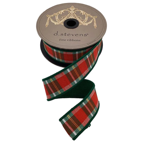 1.5" Wired Red, Green, Black & White Dupioni Plaid Ribbon | 10 Yards | shoptreeboutique.com