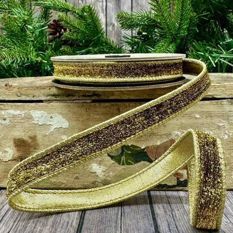 0.5" Gold Wired Faux Metallic Velvet Ribbon with Lamé Back | 10 Yards | shoptreeboutique.com
