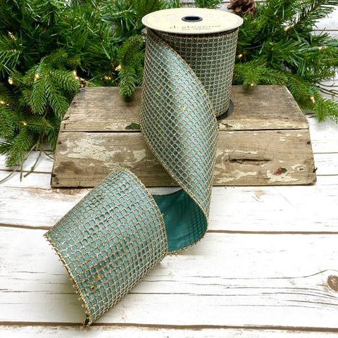 4" Platinum & Celadon Wired Taffeta Glitter Mesh Ribbon | 10 Yards | shoptreeboutique.com