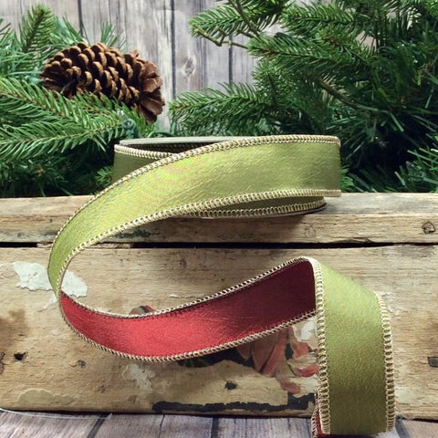 1" Olive Green & Burgundy Wired Double-Sided Taffeta Ribbon | 10 Yards | shoptreeboutique.com