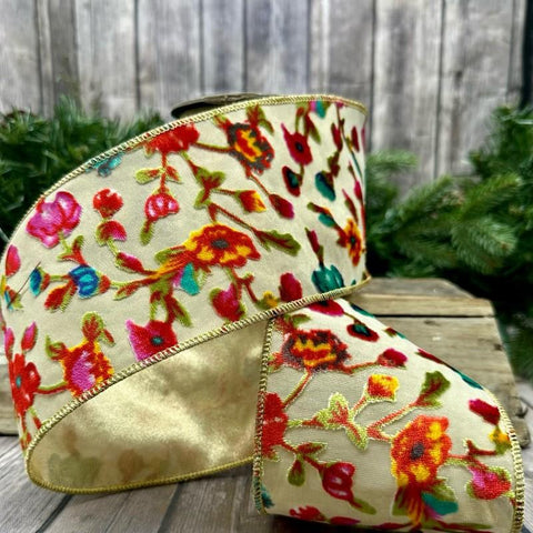 4" Wired Burnout Velvet Floral Ribbon | Hot Pink, Yellow & Teal | 10 Yards | shoptreeboutique.com