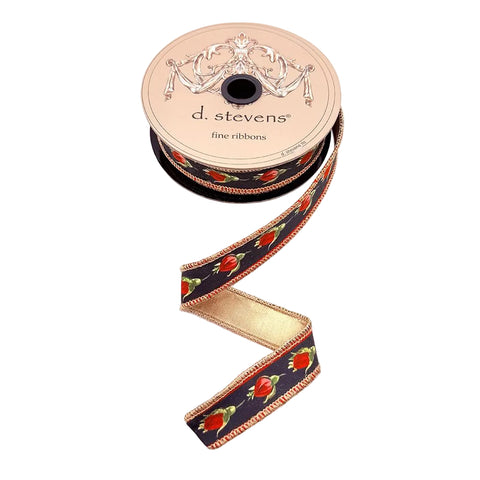 1" Wired Red & Black Taffeta Rosebud Ribbon with Gold Back | 10 Yards | shoptreeboutique.com
