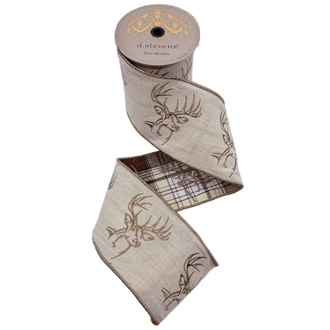 4" Natural Wired Linen Embroidered Deer Ribbon with Plaid Back | 5 Yards | shoptreeboutique.com