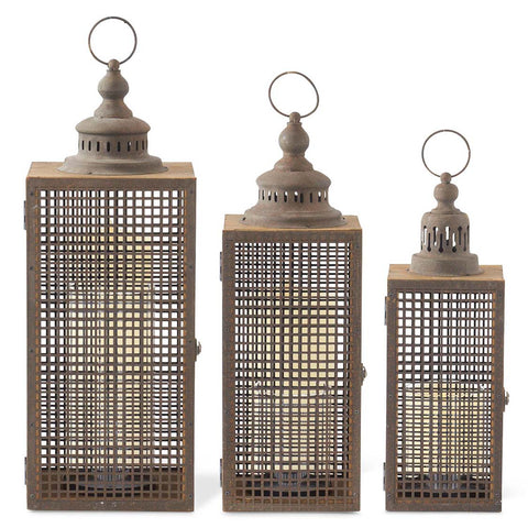 Set of 3 Wood Rusted Metal Lanterns & Luminara Candle Holders, shoptreeboutique.com