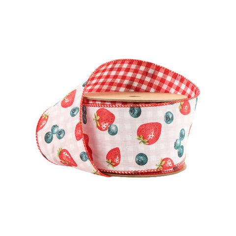 2 1/2" Strawberry/Blueberries on White, Checked Backing | 10 Yard Roll, shoptreeboutique.com