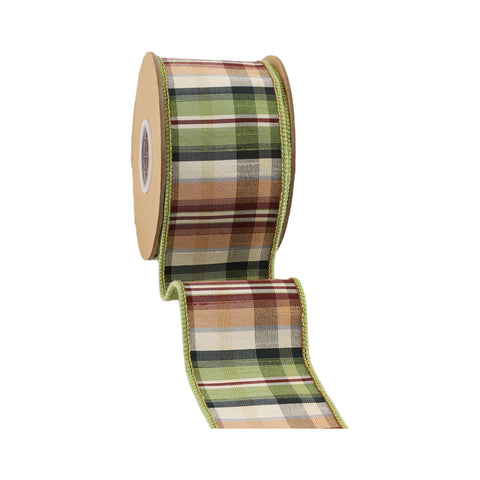 Green and Tan Plaid Wired Ribbon - 2.5 in. x 10 Yards, shoptreeboutique.com