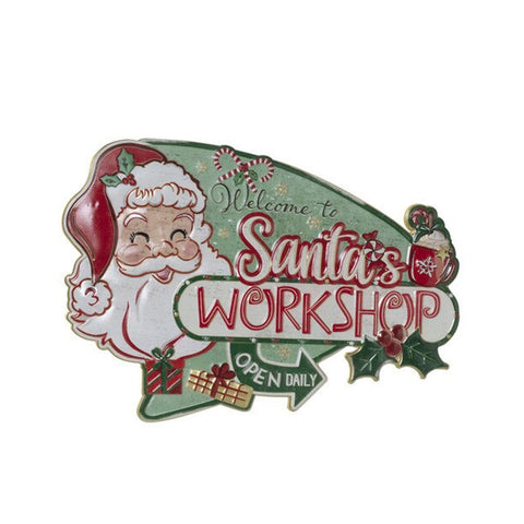16.54" Metal Embossed Holiday Wall Sign, Santa Workshop, shoptreeboutique.com
