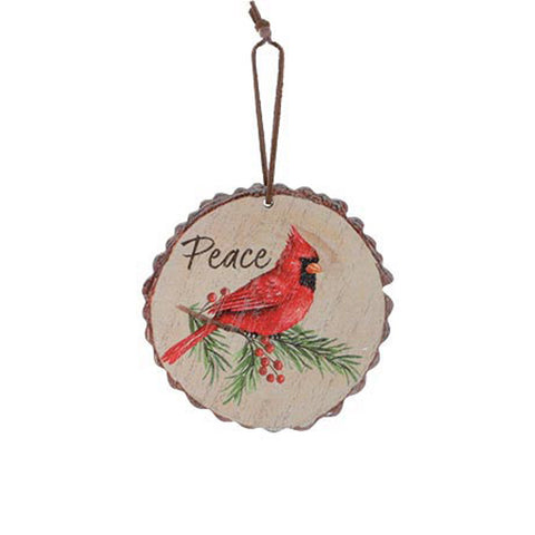 Wood Disc Cardinal Ornament - Peace, shoptreeboutique.com