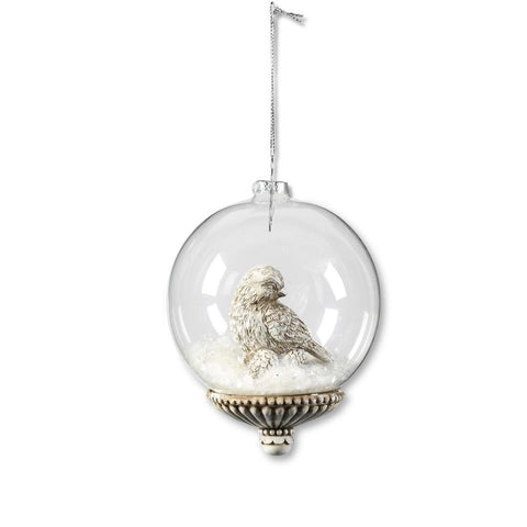 Assorted 4" Round Glass Ornament with Resin Wood Dove Accent, shoptreeboutique.com