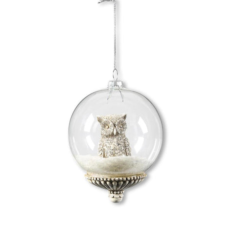 Assorted 4" Round Glass Ornament with Resin Wood Owl Accent, shoptreeboutique.com