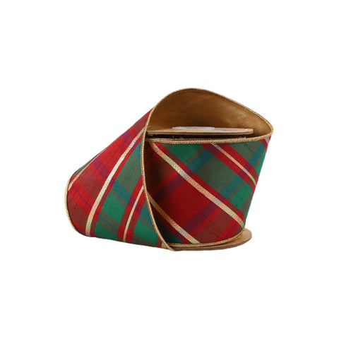 4" Red/Green/Gold Bias Plaid Wired Dupioni Ribbon | 10 Yard, shoptreeboutique.com