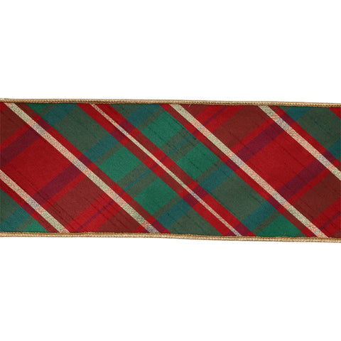 4" Red/Green/Gold Bias Plaid Wired Dupioni Ribbon | 10 Yard, shoptreeboutique.com