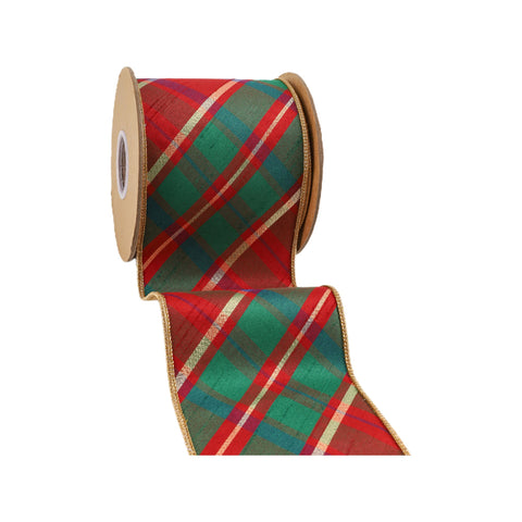 4" Red/Green/Gold Bias Plaid Wired Dupioni Ribbon | 10 Yard, shoptreeboutique.com