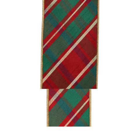4" Red/Green/Gold Bias Plaid Wired Dupioni Ribbon | 10 Yard, shoptreeboutique.com