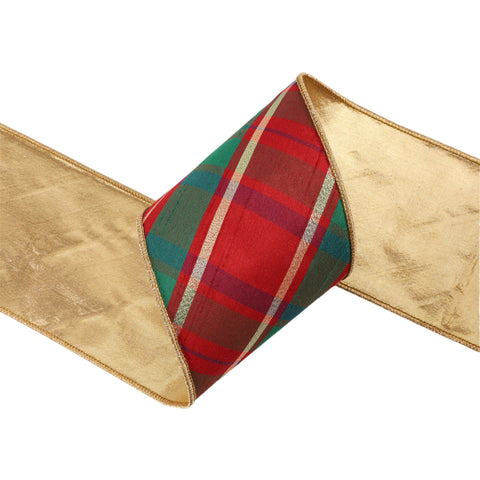 4" Red/Green/Gold Bias Plaid Wired Dupioni Ribbon | 10 Yard, shoptreeboutique.com