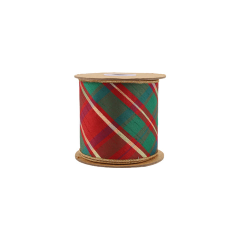 4" Red/Green/Gold Bias Plaid Wired Dupioni Ribbon | 10 Yard, shoptreeboutique.com