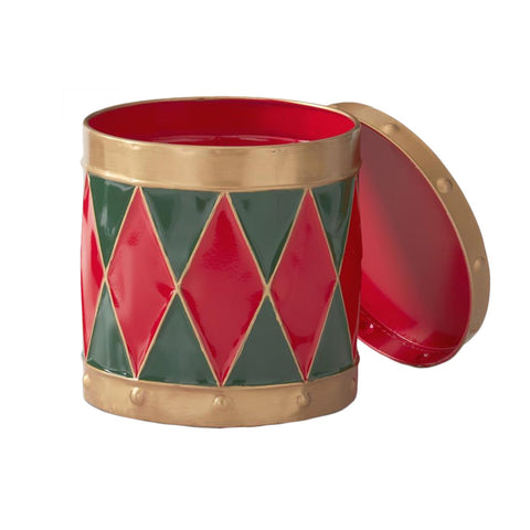 Red & Green Harlequin Metal Drum Containers - Medium open, shoptreeboutique.com