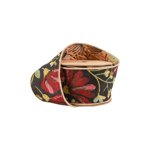 2.5" Forest Pale Gold/Black Reversible Floral Tapestry Wired Ribbon | 5 Yard, shoptreeboutique.com