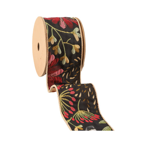 2.5" Forest Pale Gold/Black Reversible Floral Tapestry Wired Ribbon | 5 Yard, shoptreeboutique.com