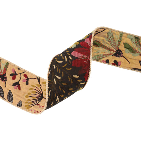 2.5" Forest Pale Gold/Black Reversible Floral Tapestry Wired Ribbon | 5 Yard, shoptreeboutique.com