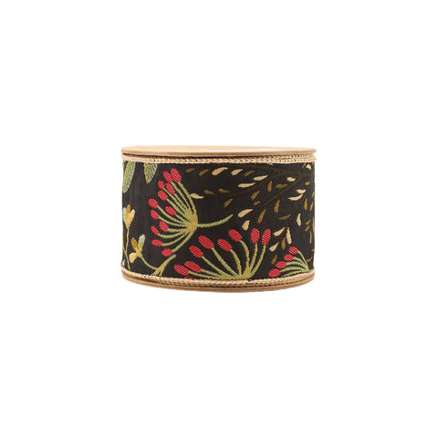 2.5" Forest Pale Gold/Black Reversible Floral Tapestry Wired Ribbon | 5 Yard, shoptreeboutique.com