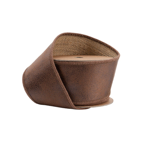 2.5" Brown Leather Wired Ribbon with Jute Backing | 10 Yards, shoptreeboutique.com