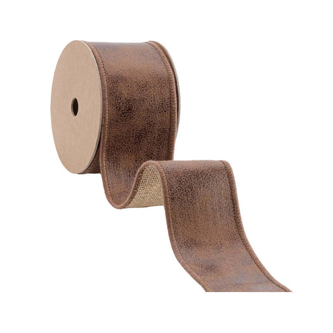 2.5" Brown Leather Wired Ribbon with Jute Backing | 10 Yards, shoptreeboutique.com