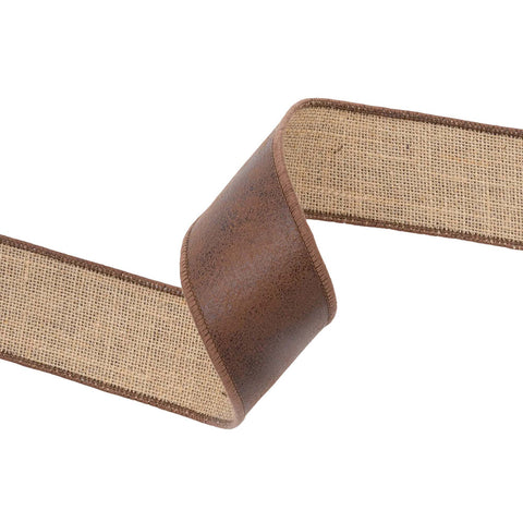 2.5" Brown Leather Wired Ribbon with Jute Backing | 10 Yards, shoptreeboutique.com