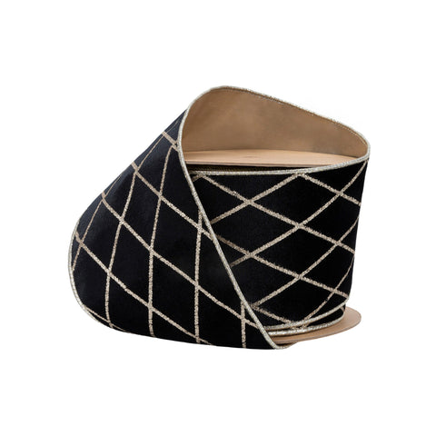 4" Black Velvet Wired Ribbon with Glittered Diamond Design | 10 Yard, shoptreeboutique.com