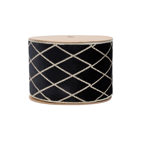 4" Black Velvet Wired Ribbon with Glittered Diamond Design | 10 Yard, shoptreeboutique.com