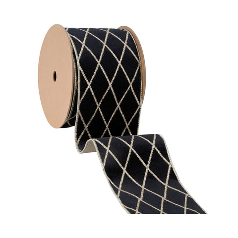 4" Black Velvet Wired Ribbon with Glittered Diamond Design | 10 Yard, shoptreeboutique.com