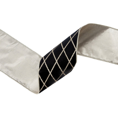 4" Black Velvet Wired Ribbon with Glittered Diamond Design | 10 Yard, shoptreeboutique.com