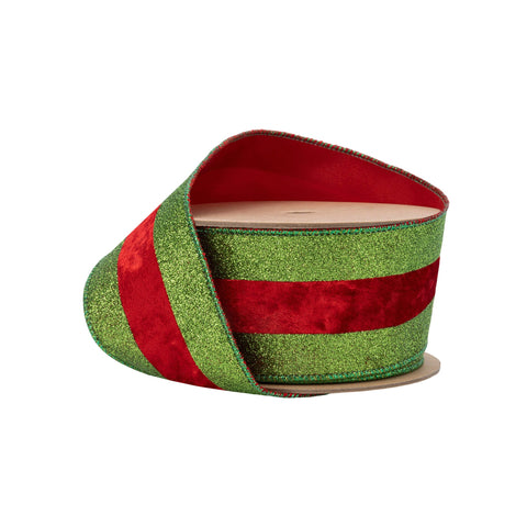 2.5" Green Glitter Wired Ribbon with Red Velvet Stripe - 10 Yard, shoptreeboutique.com