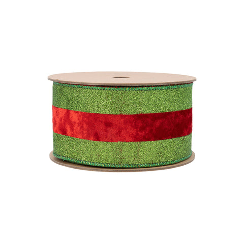 2.5" Green Glitter Wired Ribbon with Red Velvet Stripe - 10 Yard, shoptreeboutique.com