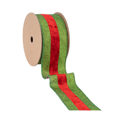 2.5" Green Glitter Wired Ribbon with Red Velvet Stripe - 10 Yard, shoptreeboutique.com