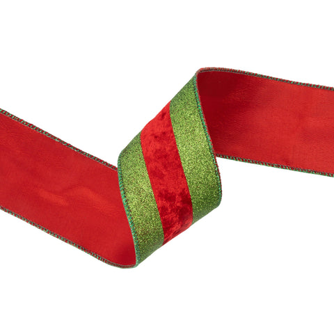 2.5" Green Glitter Wired Ribbon with Red Velvet Stripe - 10 Yard, shoptreeboutique.com