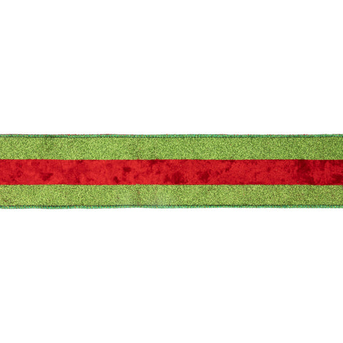 2.5" Green Glitter Wired Ribbon with Red Velvet Stripe - 10 Yard, shoptreeboutique.com