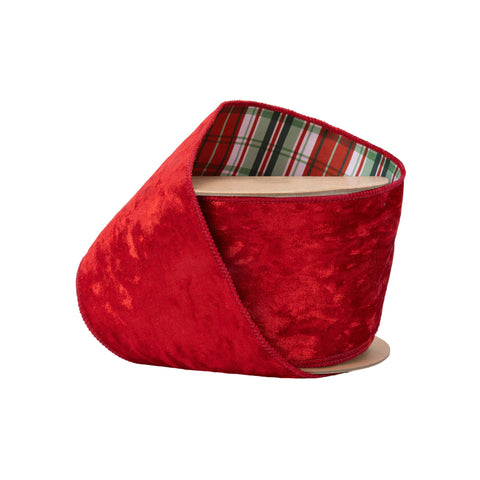 4" Red Velvet Wired Ribbon with Red/Green/White Plaid Backing | 10 Yard, shoptreeboutique.com