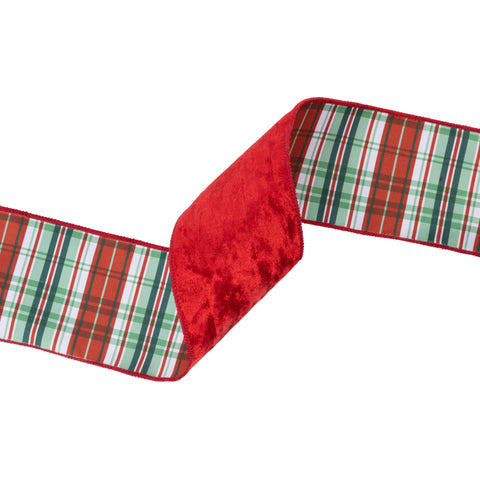 4" Red Velvet Wired Ribbon with Red/Green/White Plaid Backing | 10 Yard, shoptreeboutique.com