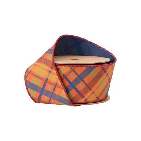 2.5" Fall Bias Plaid Blue/Orange Wired Dupioni Ribbon | 10 Yards, shoptreeboutique.com