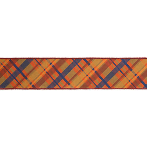2.5" Fall Bias Plaid Blue/Orange Wired Dupioni Ribbon | 10 Yards, shoptreeboutique.com