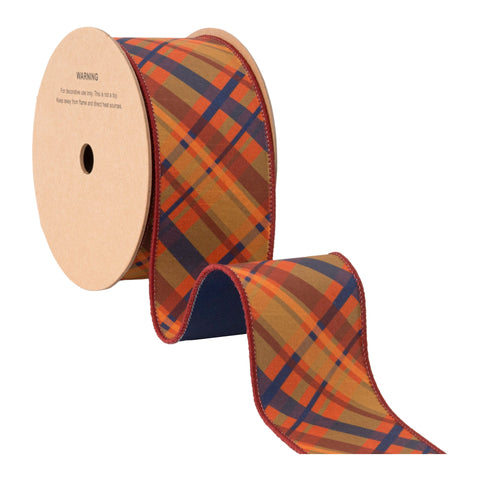 2.5" Fall Bias Plaid Blue/Orange Wired Dupioni Ribbon | 10 Yards, shoptreeboutique.com