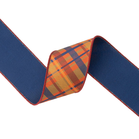 2.5" Fall Bias Plaid Blue/Orange Wired Dupioni Ribbon | 10 Yards, shoptreeboutique.com