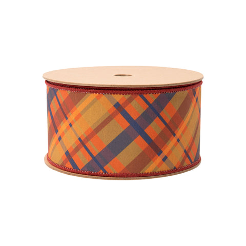 2.5" Fall Bias Plaid Blue/Orange Wired Dupioni Ribbon | 10 Yards, shoptreeboutique.com